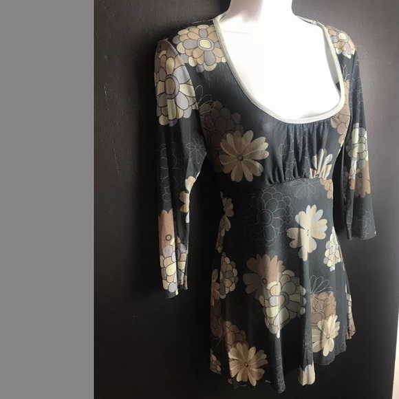 SWEET PEA Stacy Frati Floral Mesh Top Blouse Shirt Gray Tan Scoop Neck Tie Waist - Picture 2 of 8